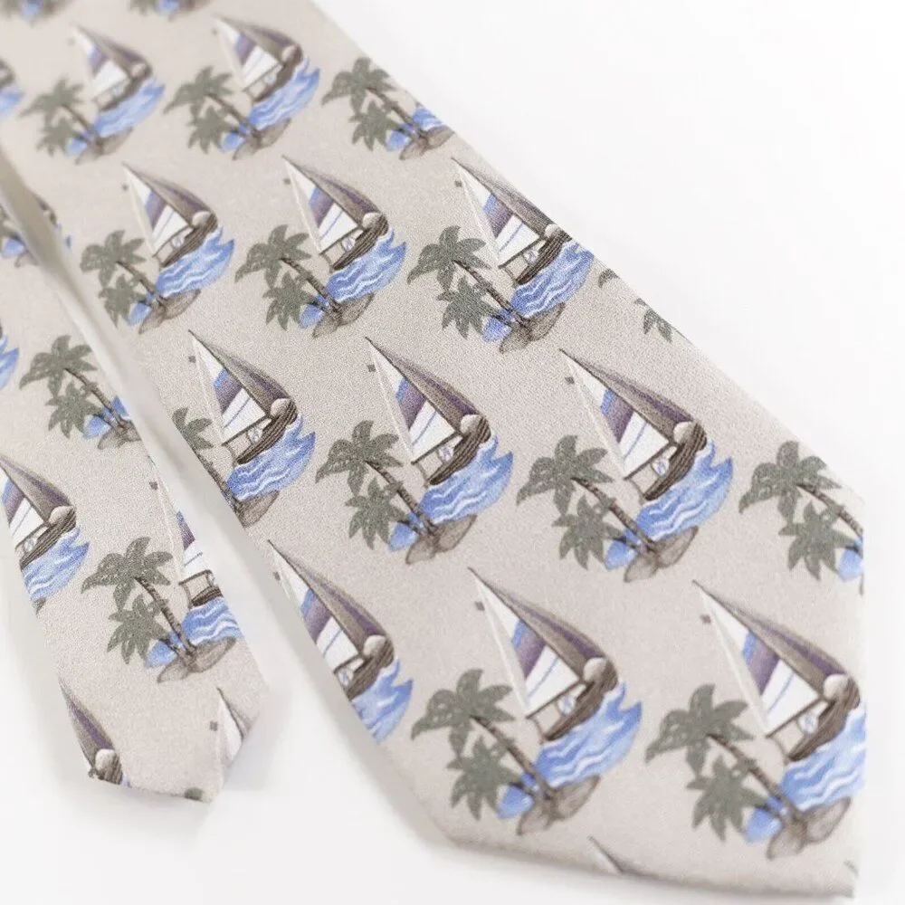 Tango Sand Beige Geometric Novelty Island Sailboat Print Silk Tie